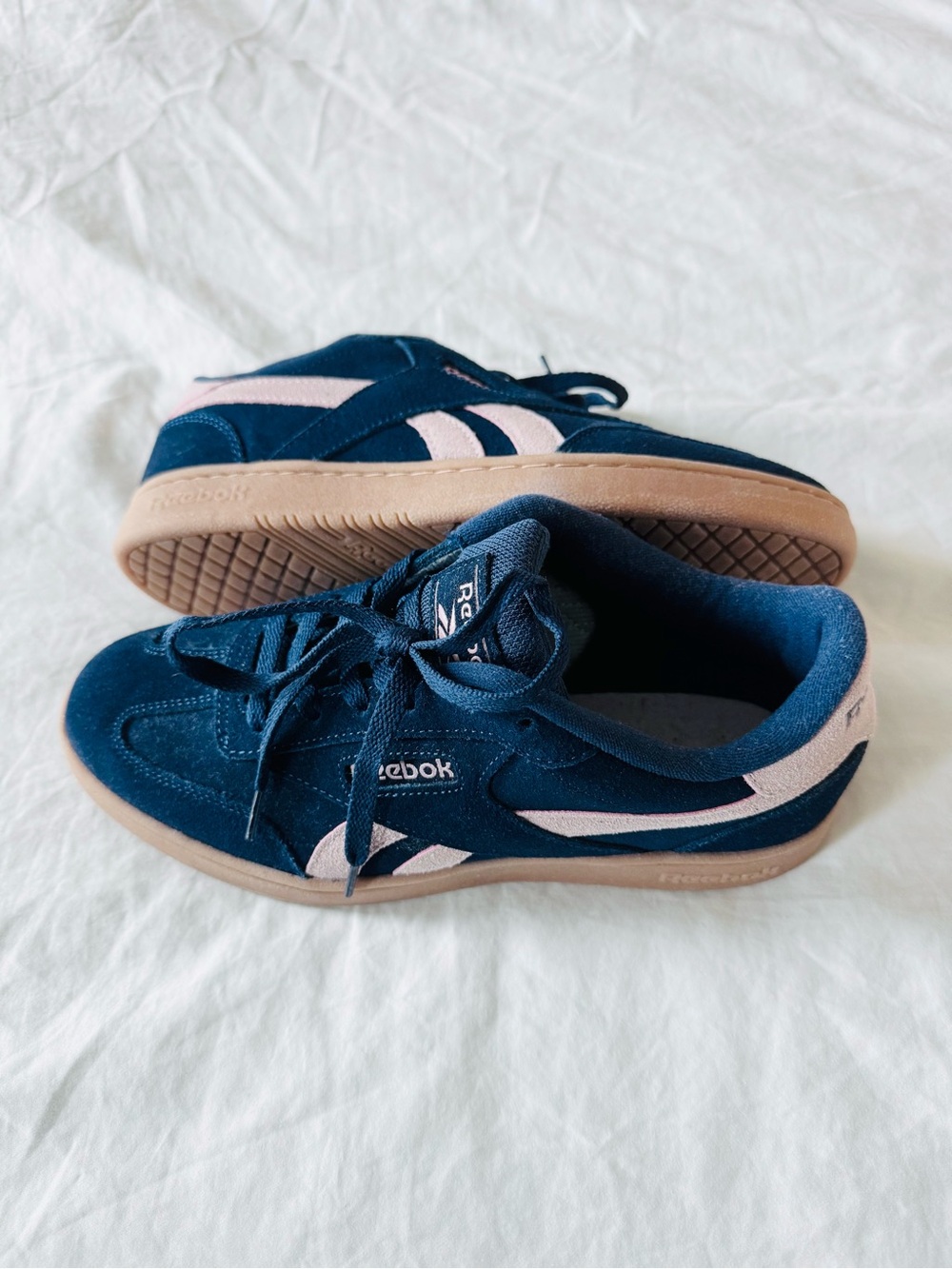 Reebok Suede Low-Top Sneakers in Navy with Light Pink Accents